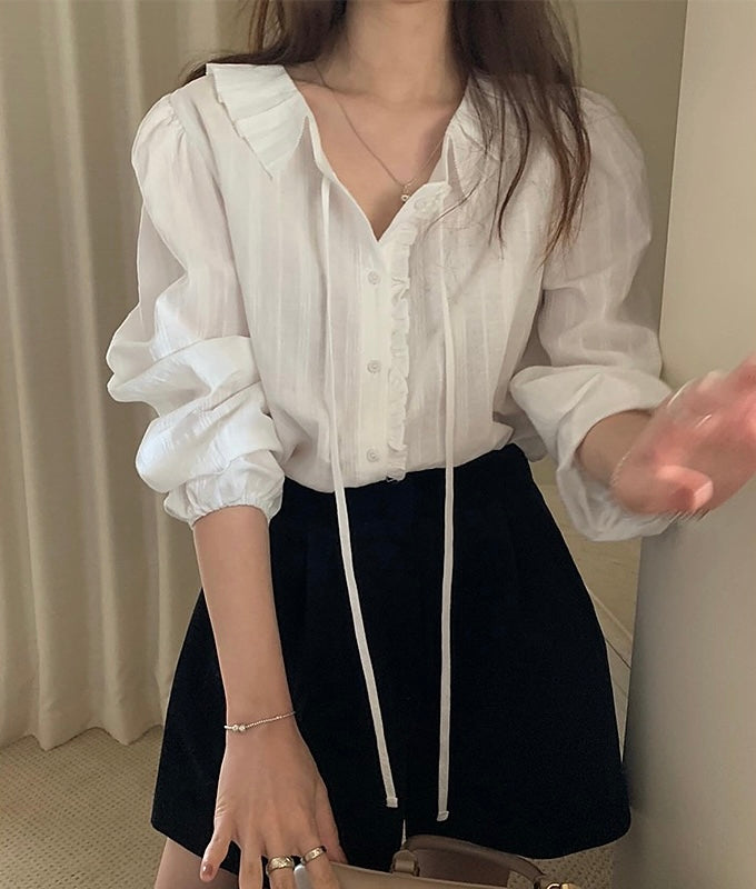 Ruffle Trim Blouse with Tie Detail