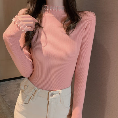 花邊拼接珍珠半高領top