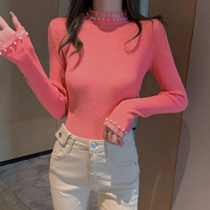 花邊拼接珍珠半高領top