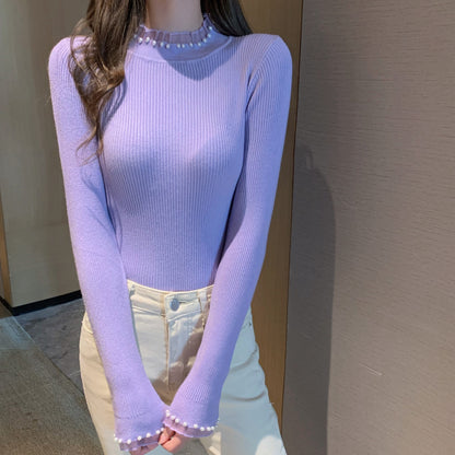 花邊拼接珍珠半高領top