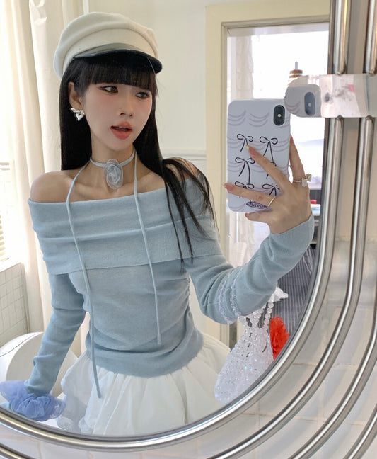 一字領修身顯瘦針織top