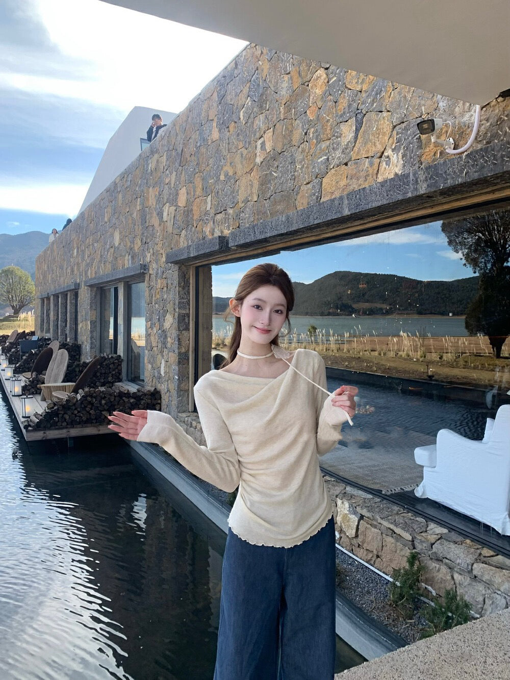 Draped Collar Waist-Cinching Slimming Knit Top