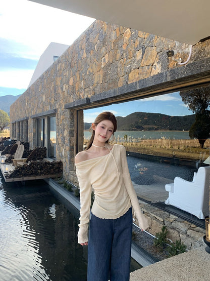 Draped Collar Waist-Cinching Slimming Knit Top