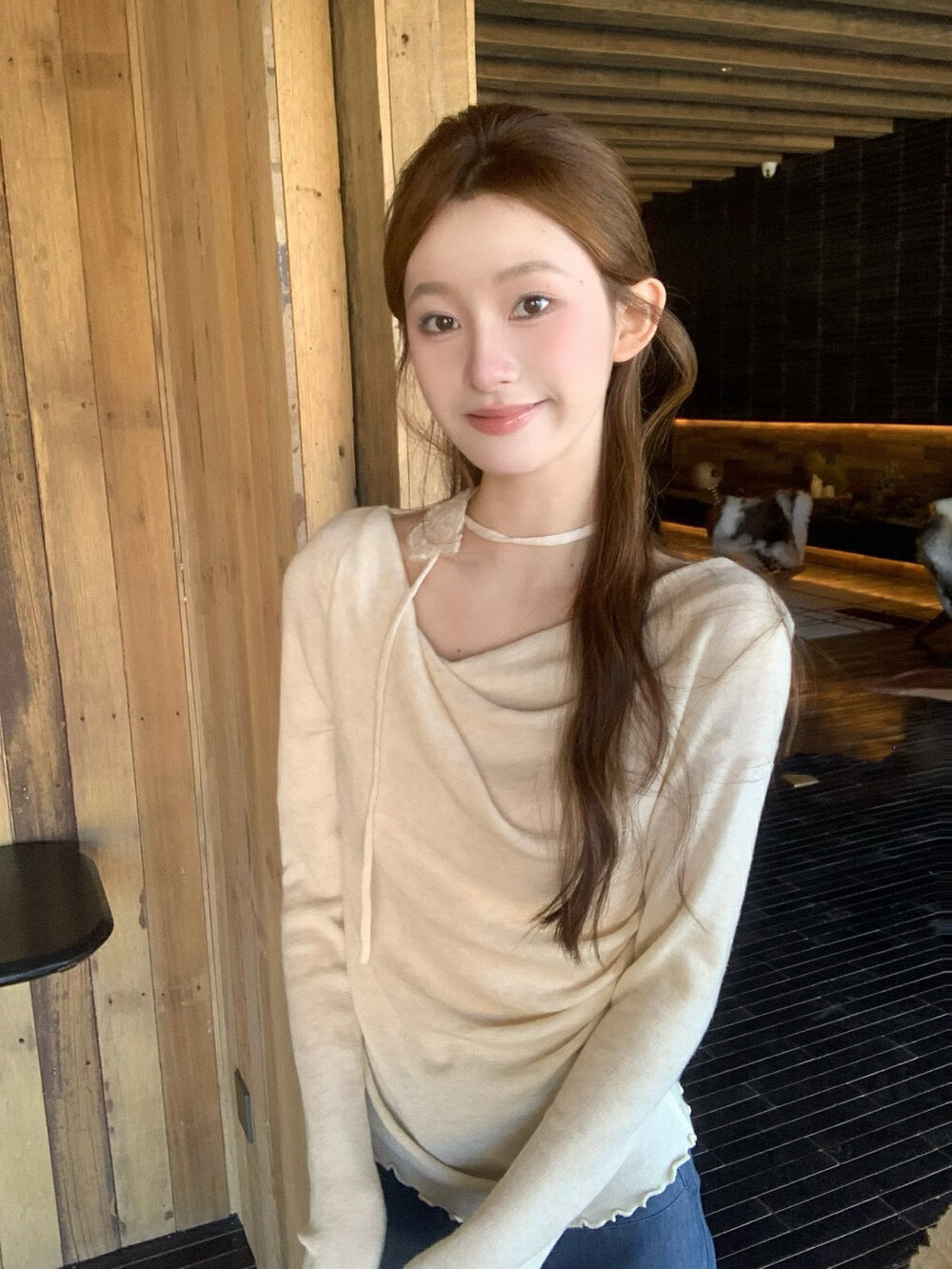 Draped Collar Waist-Cinching Slimming Knit Top