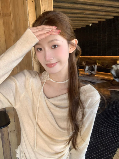 Draped Collar Waist-Cinching Slimming Knit Top