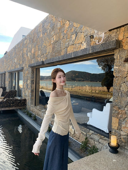 Draped Collar Waist-Cinching Slimming Knit Top