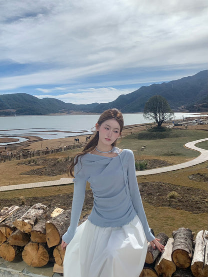 Draped Collar Waist-Cinching Slimming Knit Top