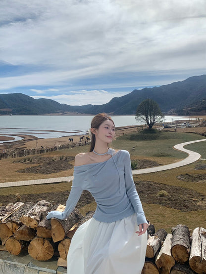 Draped Collar Waist-Cinching Slimming Knit Top