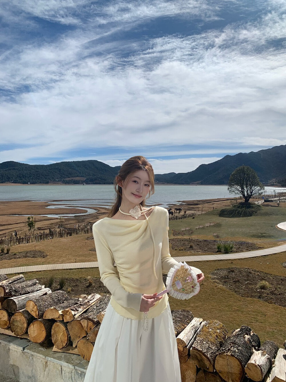 Draped Collar Waist-Cinching Slimming Knit Top