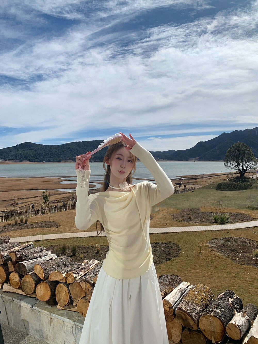 Draped Collar Waist-Cinching Slimming Knit Top