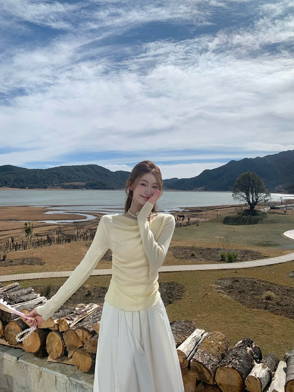 Draped Collar Waist-Cinching Slimming Knit Top