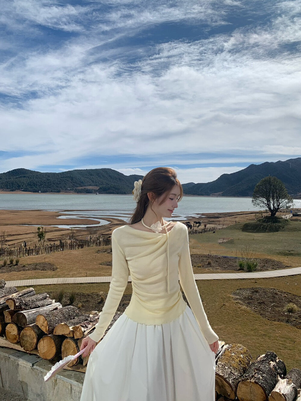 Draped Collar Waist-Cinching Slimming Knit Top