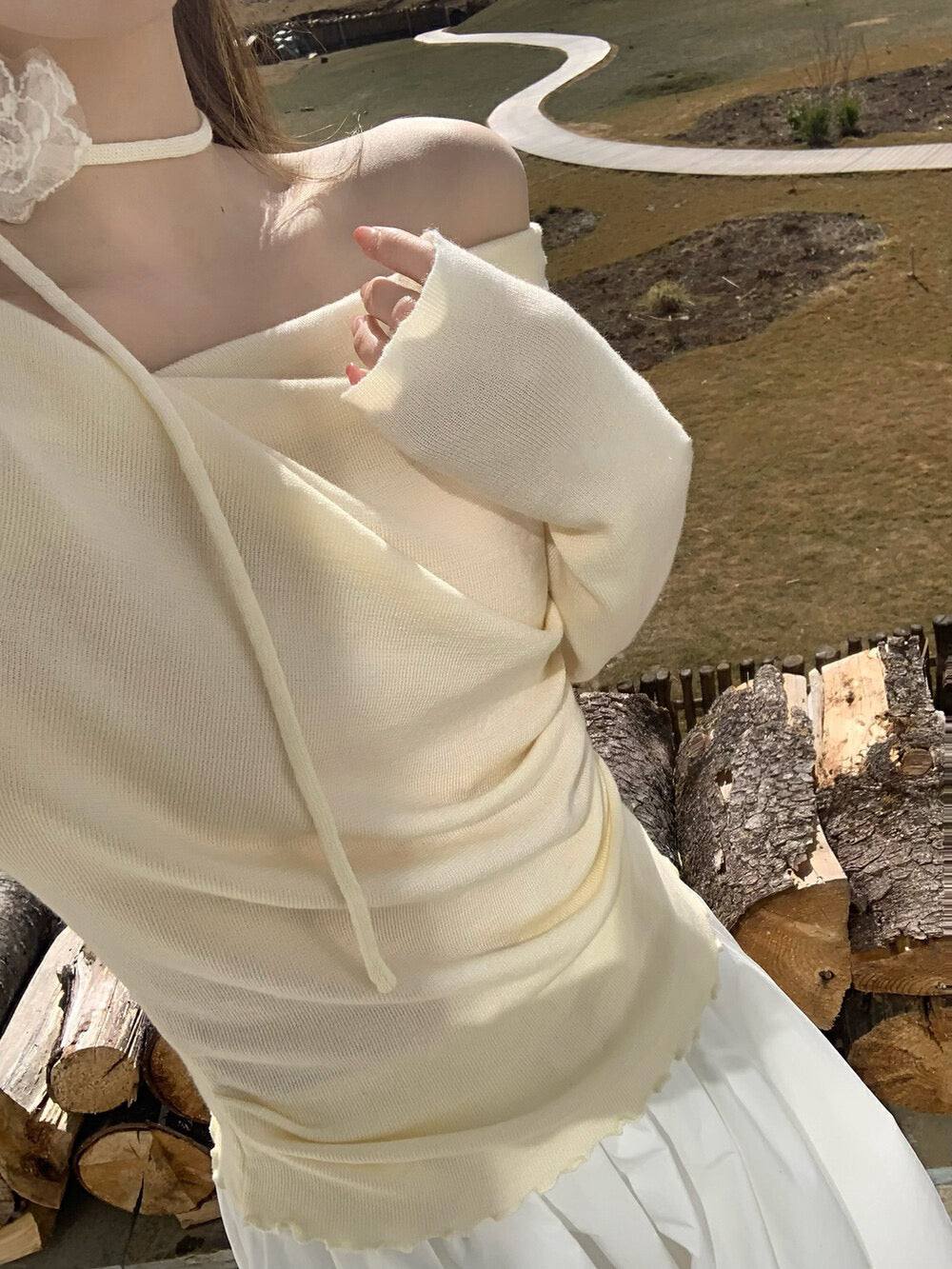 Draped Collar Waist-Cinching Slimming Knit Top