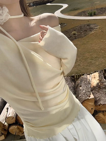 Draped Collar Waist-Cinching Slimming Knit Top