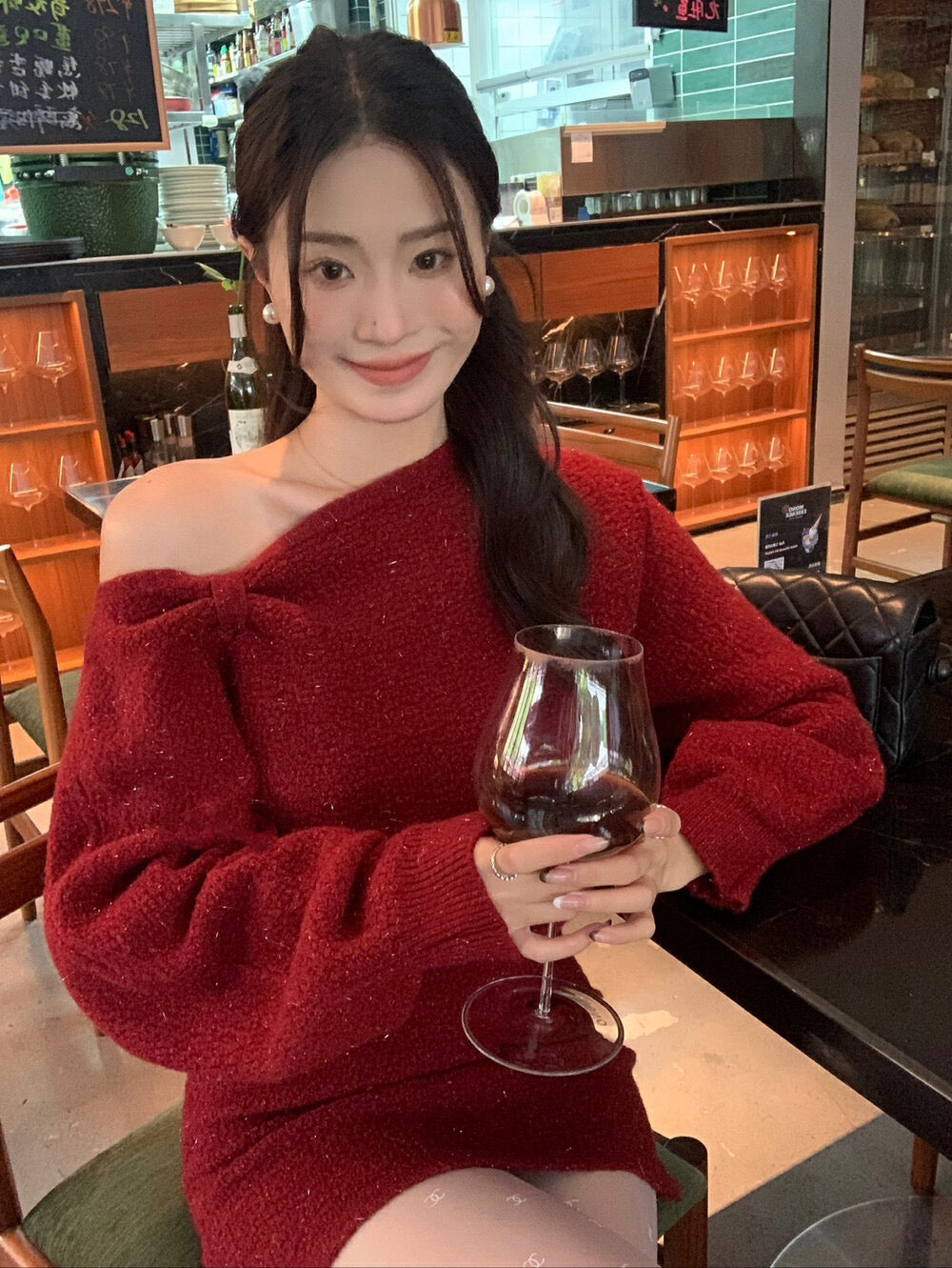 French Asymmetrical Neckline Bodycon Dress