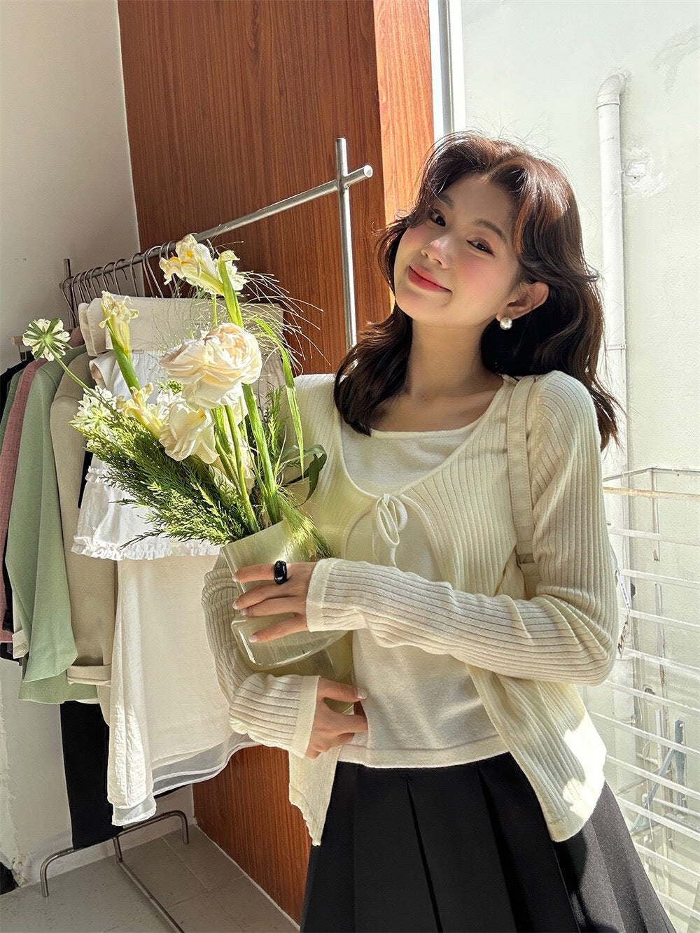 Gentle Lace-Up Faux Two-Piece Knit Top