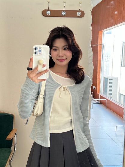 Gentle Lace-Up Faux Two-Piece Knit Top