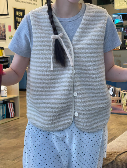 V領毛茸茸條紋馬甲