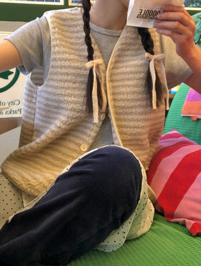 V領毛茸茸條紋馬甲