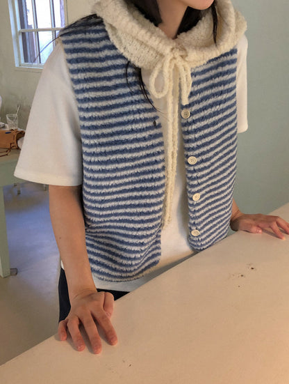 V領毛茸茸條紋馬甲