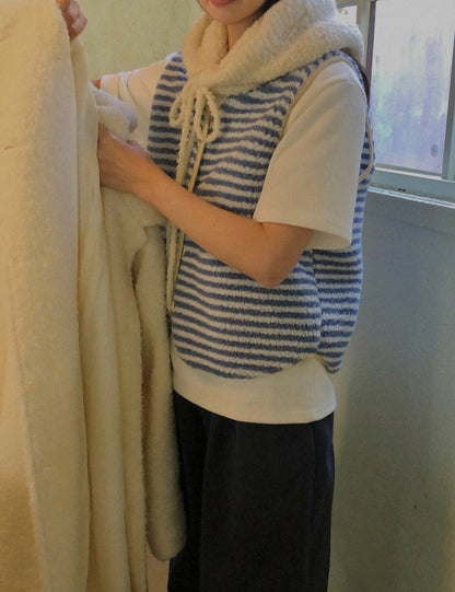 V領毛茸茸條紋馬甲