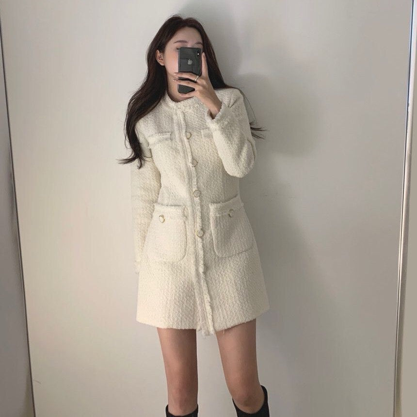 French-style fringed tweed dress