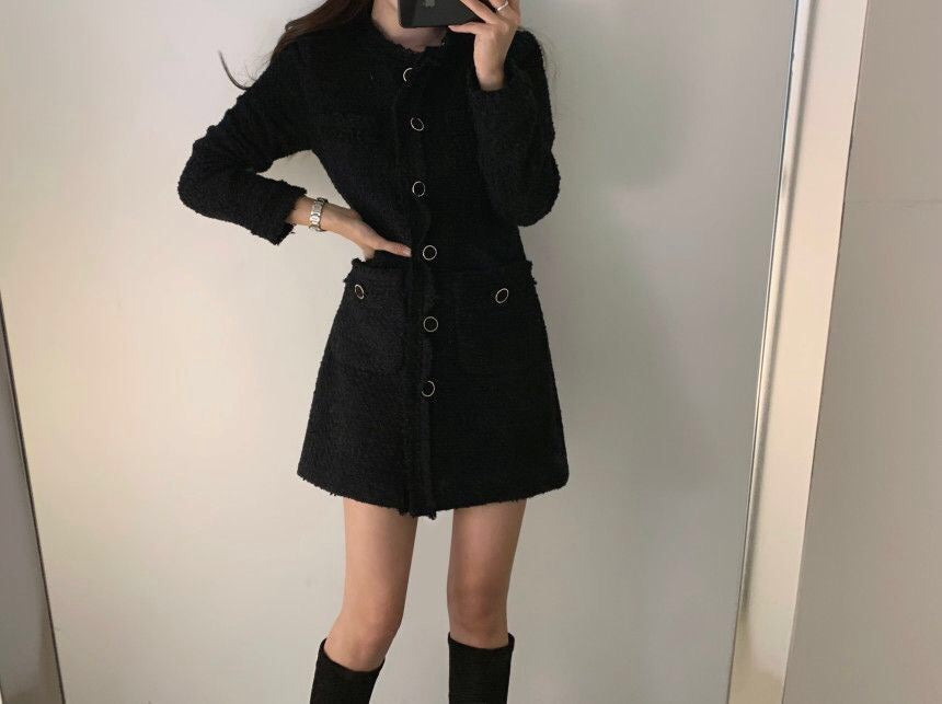 French-style fringed tweed dress