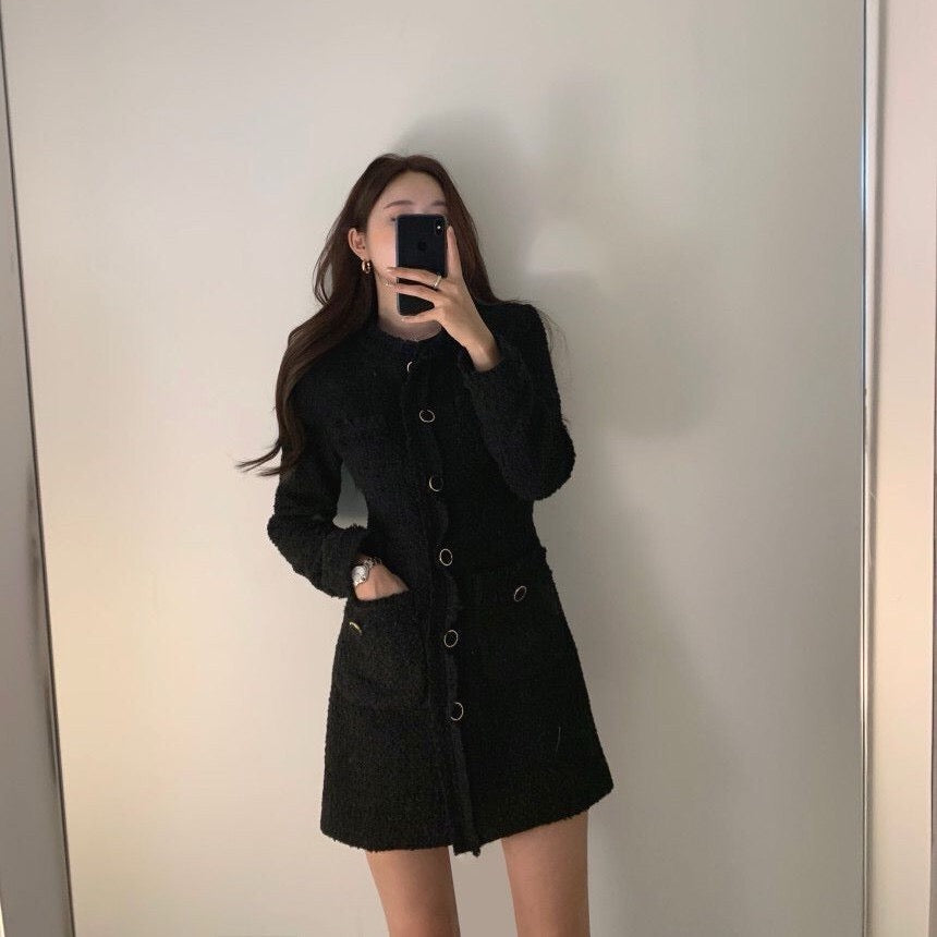 French-style fringed tweed dress