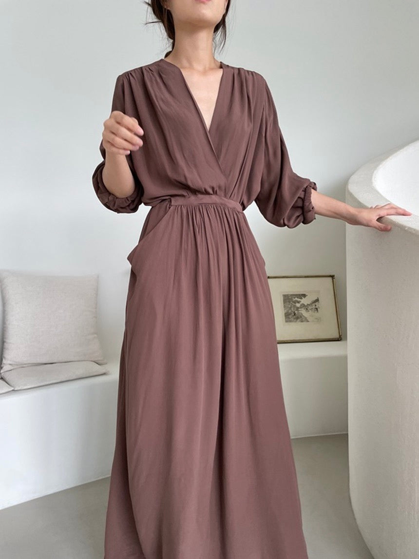 V-neck Wrap Ruched Waist Dress