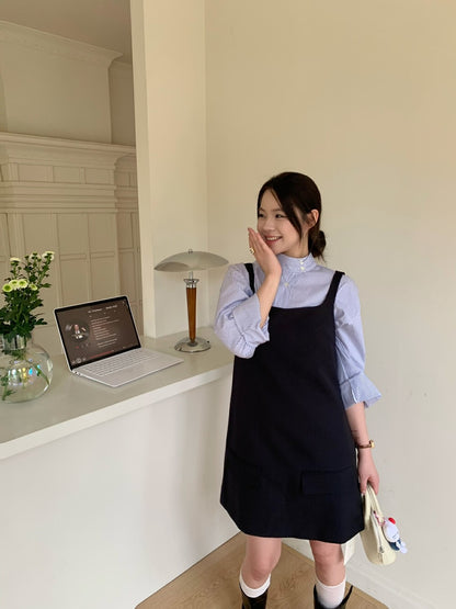 Minimalist Stand Collar Blouse + Tank Dress Set