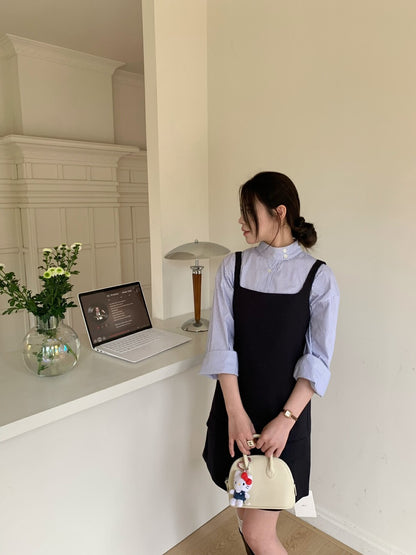 Minimalist Stand Collar Blouse + Tank Dress Set