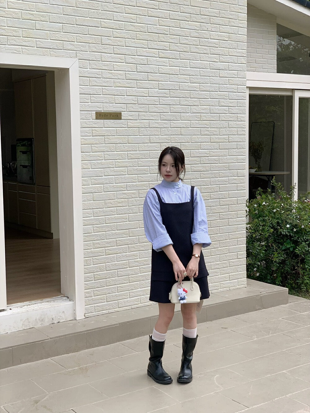 Minimalist Stand Collar Blouse + Tank Dress Set