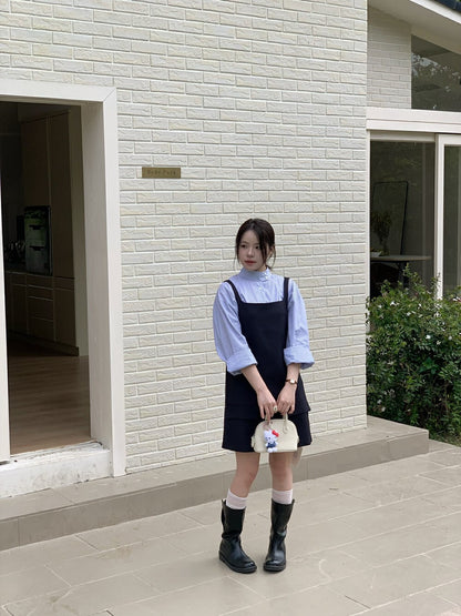 Minimalist Stand Collar Blouse + Tank Dress Set