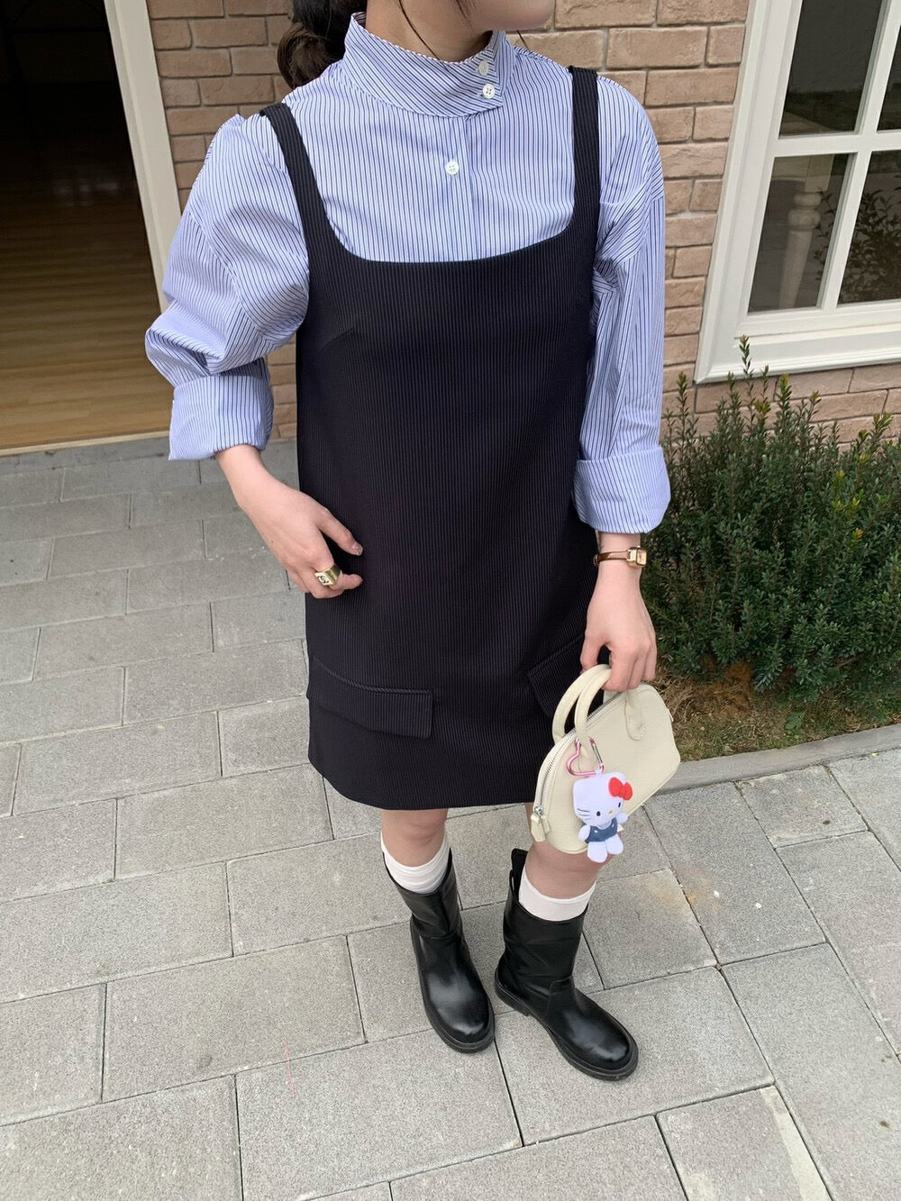 Minimalist Stand Collar Blouse + Tank Dress Set