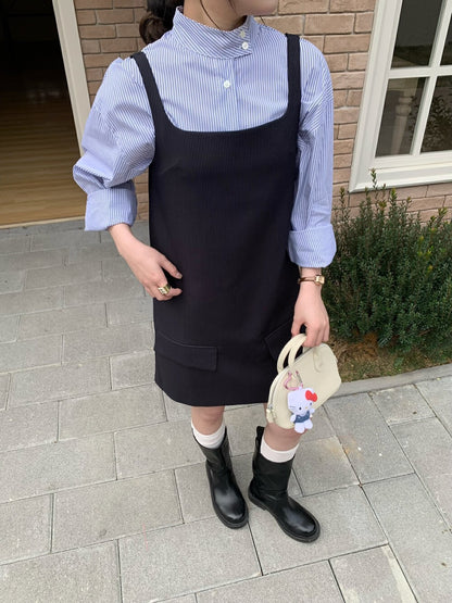 Minimalist Stand Collar Blouse + Tank Dress Set