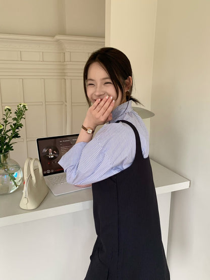 Minimalist Stand Collar Blouse + Tank Dress Set