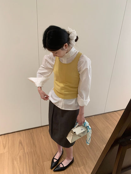 Minimalist Stand Collar Blouse + Tank Dress Set