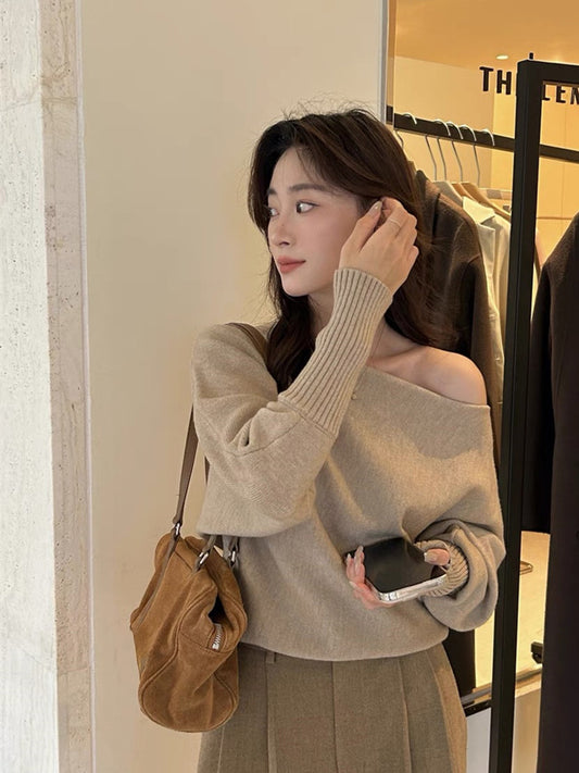一字肩露肩針織top