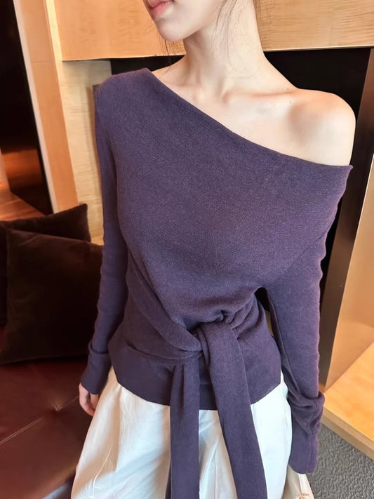 French Style Asymmetric Shoulder Tie Waist Sweater