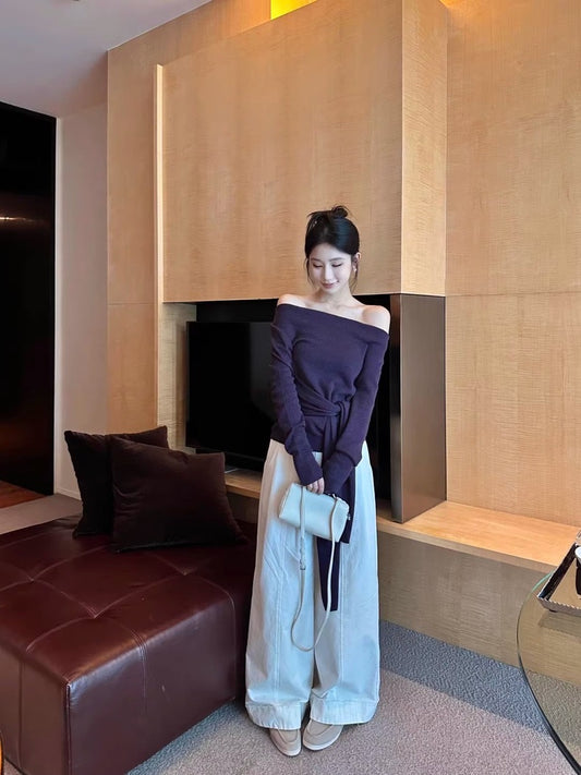 French Style Asymmetric Shoulder Tie Waist Sweater