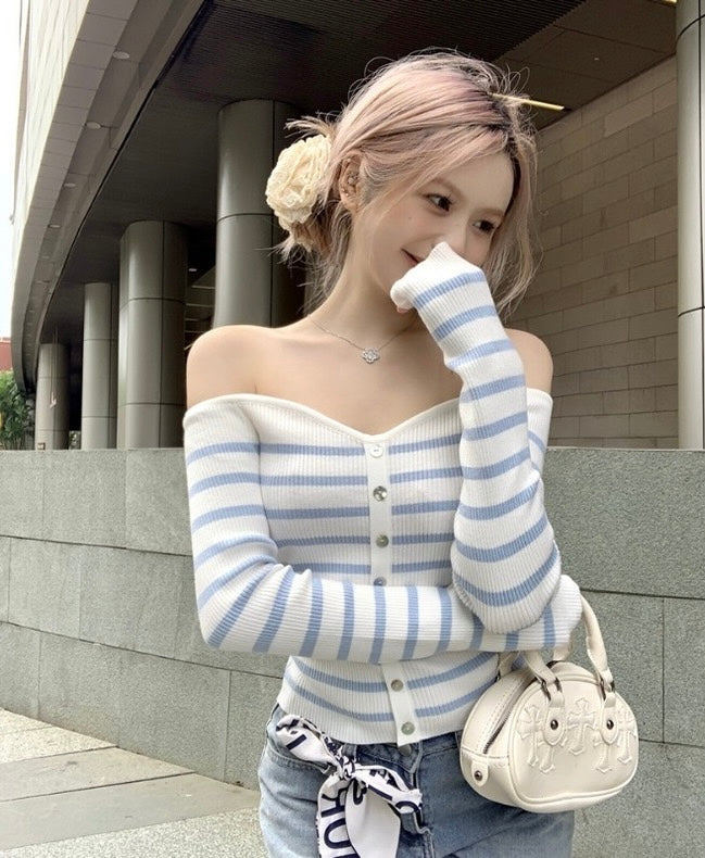 一字領藍白條紋針織top