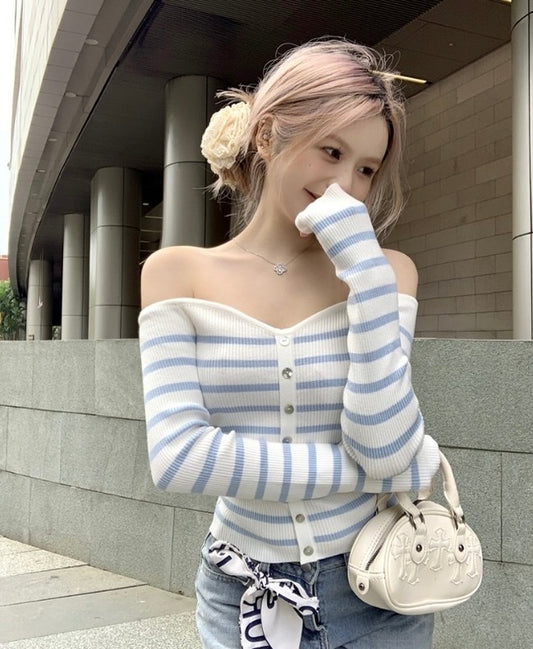 一字領藍白條紋針織top