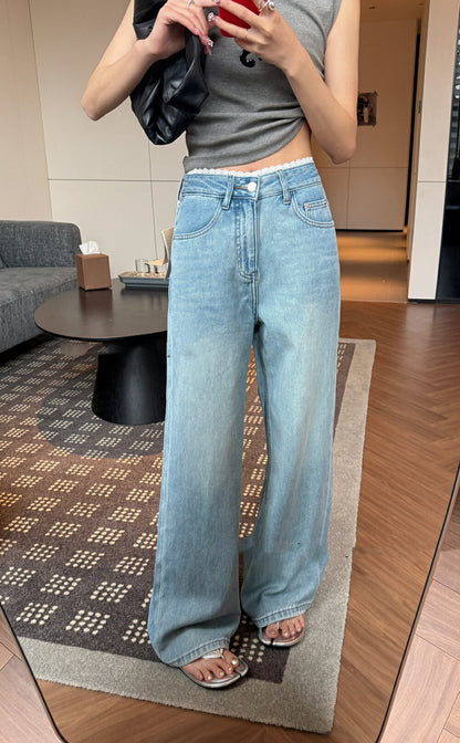 Lace Trim High Waist Wide Leg Jeans