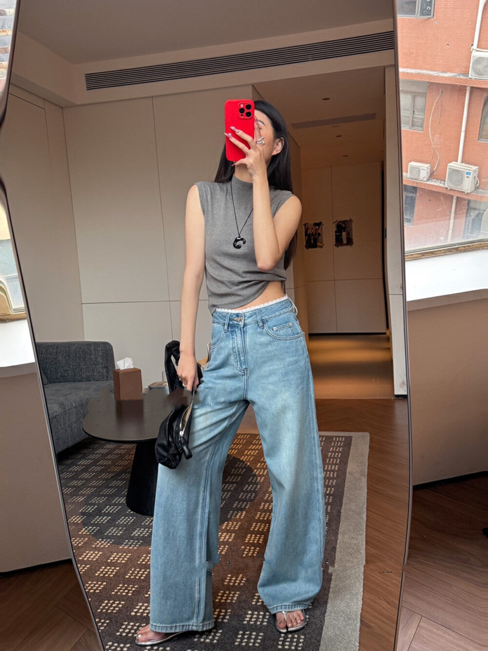 Lace Trim High Waist Wide Leg Jeans