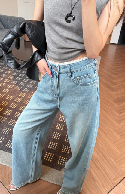 Lace Trim High Waist Wide Leg Jeans