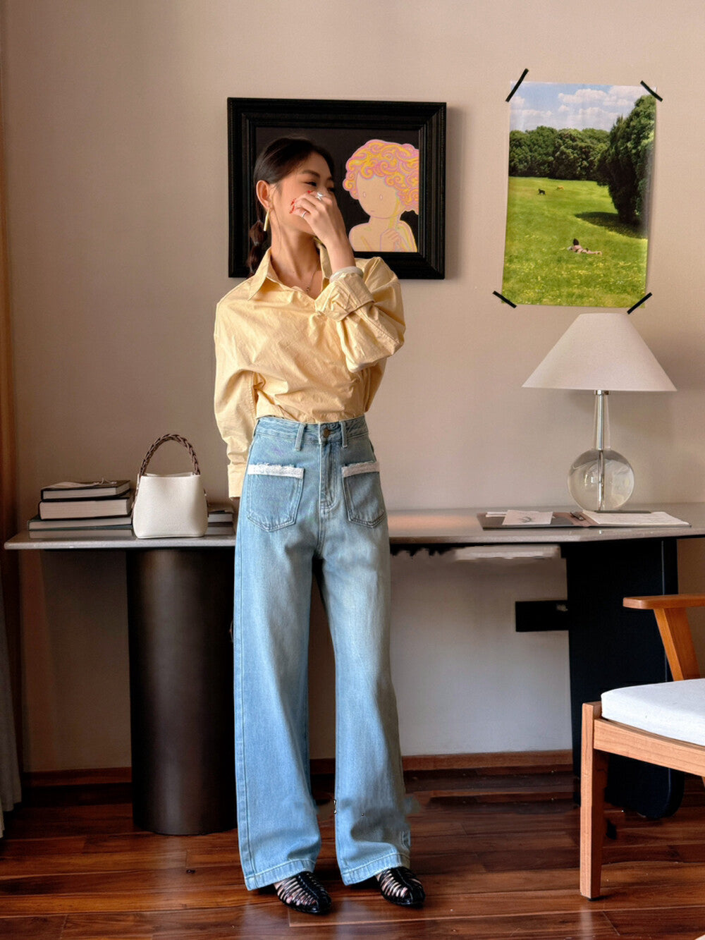 Wide-Leg Denim Pants with Lace and Front Pocket Design