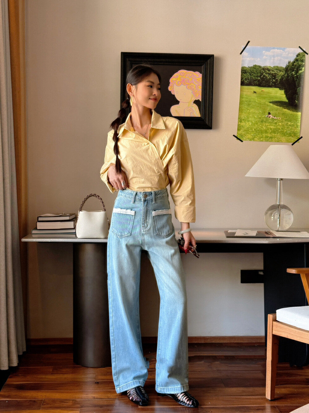 Wide-Leg Denim Pants with Lace and Front Pocket Design