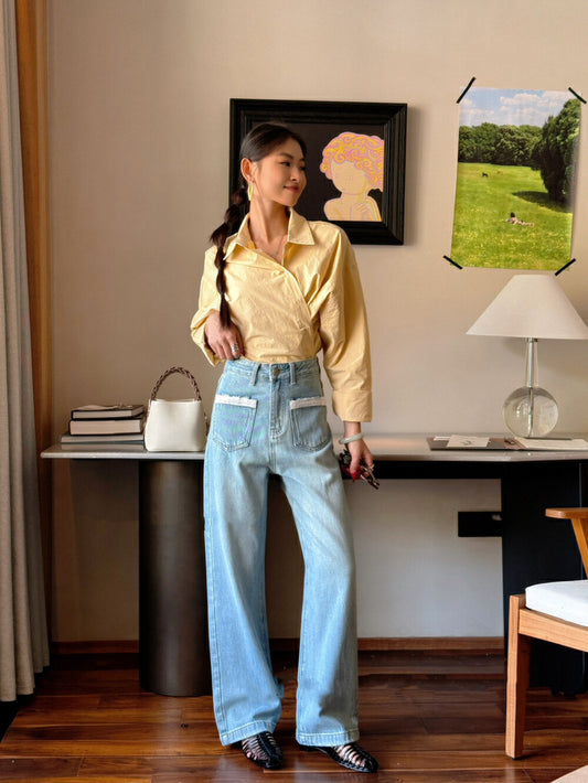 Wide-Leg Denim Pants with Lace and Front Pocket Design