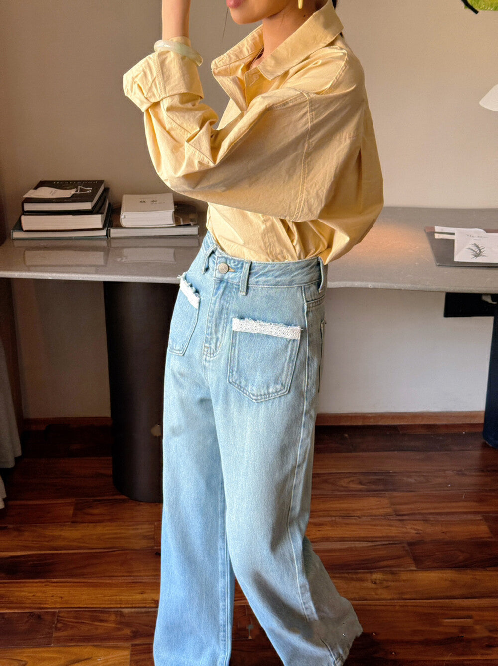 Wide-Leg Denim Pants with Lace and Front Pocket Design