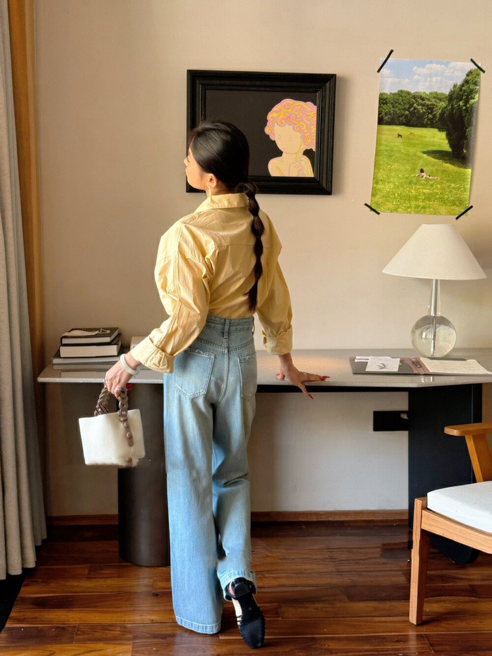 Wide-Leg Denim Pants with Lace and Front Pocket Design